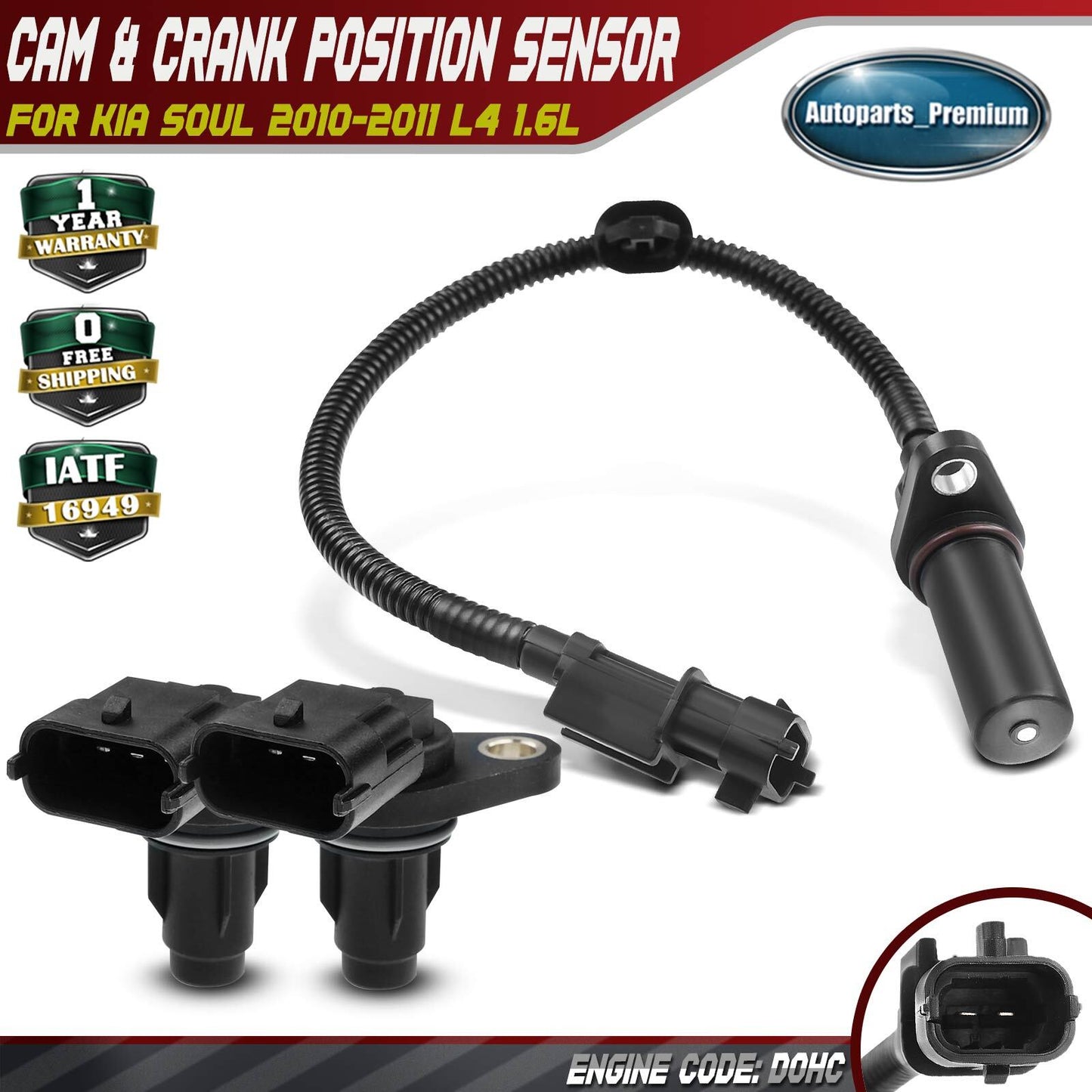 2pcs Camshaft & 1pc Crankshaft Position Sensor for Kia Soul 2010-2011 L4 1.6L
