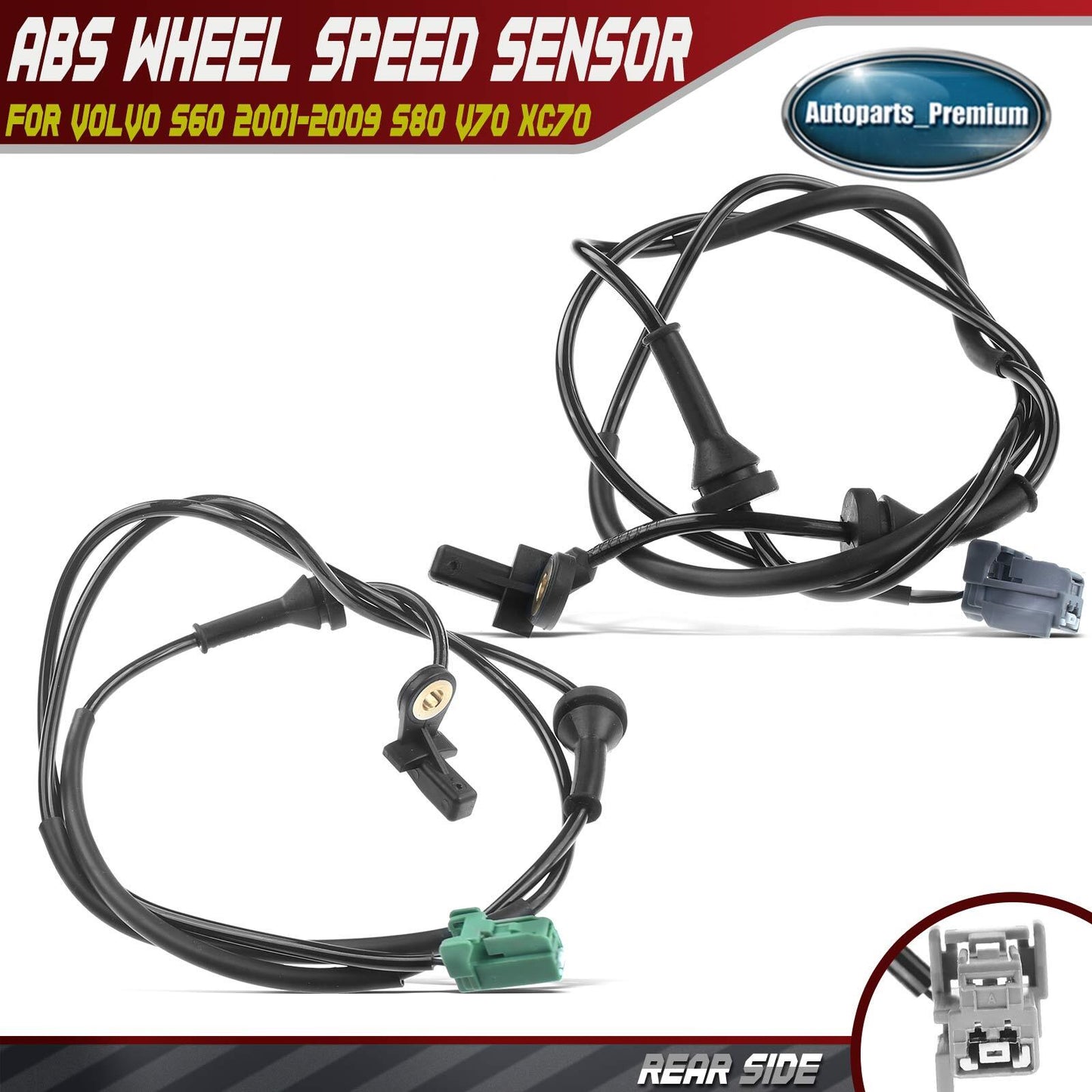 2Pcs Rear Side ABS Wheel Speed Sensor for Volvo S60 2001-2009 S80 99-06 V70 XC70
