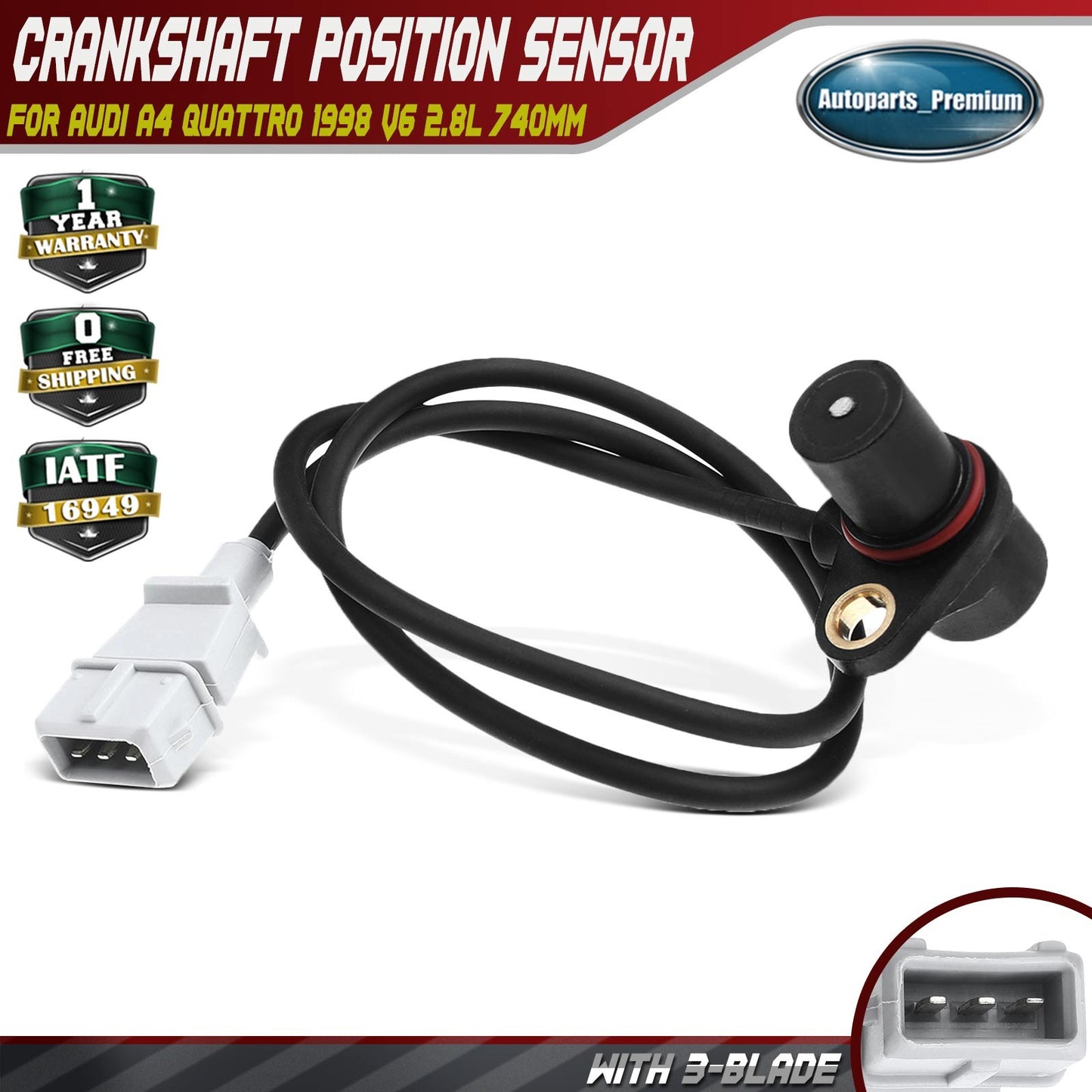 Crankshaft Position Sensor with 3-Blade for Audi A4 Quattro 1998 V6 2.8L 740mm