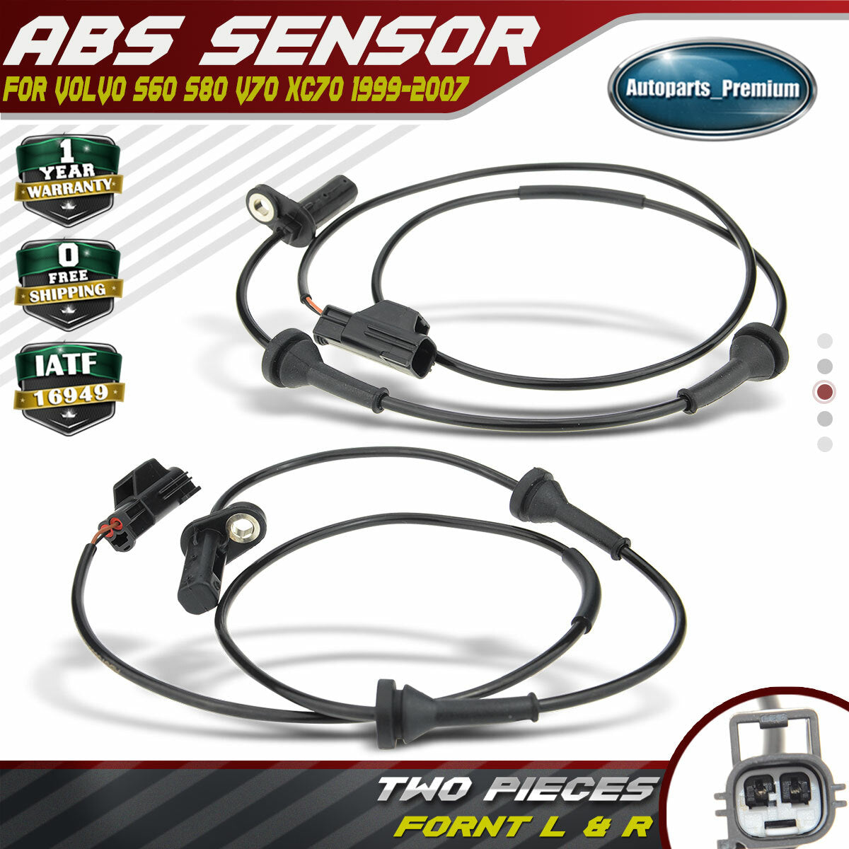 2Pcs Front Driver & Passenger ABS Speed Sensors for Volvo S60 S80 V70 XC70 01-09