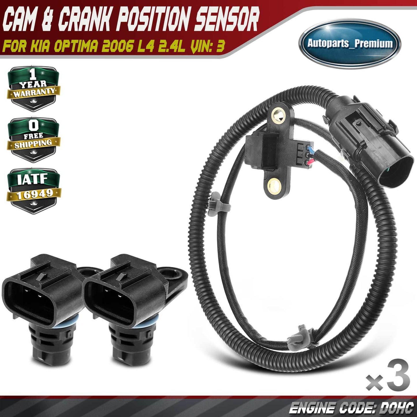 2x Camshaft & 1x Crankshaft Position Sensor for Kia Optima 2006 L4 2.4L VIN: 3