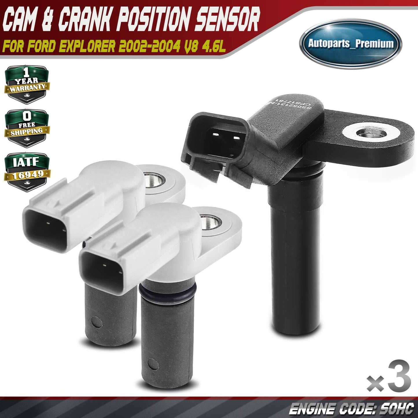 2x Camshaft & 1x Crankshaft Position Sensor for Ford Explorer 2002-2004 V8 4.6L