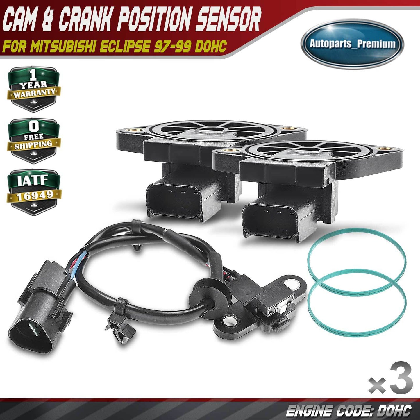 2x Camshaft & 1x Crankshaft Position Sensor for Mitsubishi Eclipse 97-99 DOHC