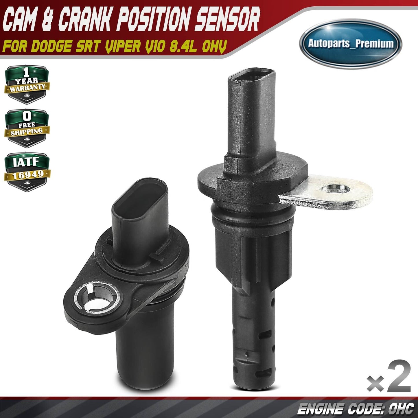 1x Camshaft & 1x Crankshaft Position Sensor for Dodge Viper SRT Viper V10 8.4L