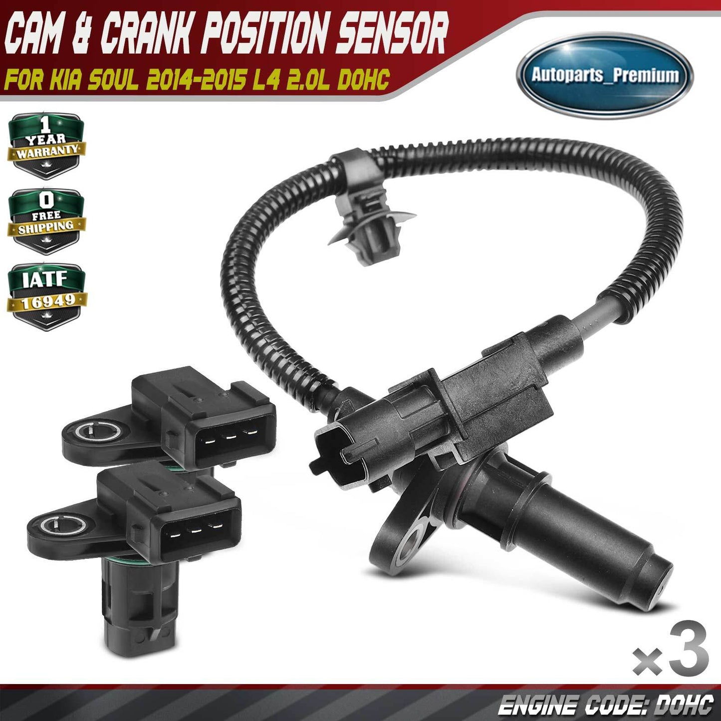 2x Camshaft & 1x Crankshaft Position Sensor for Kia Soul 2014-2015 L4 2.0L DOHC