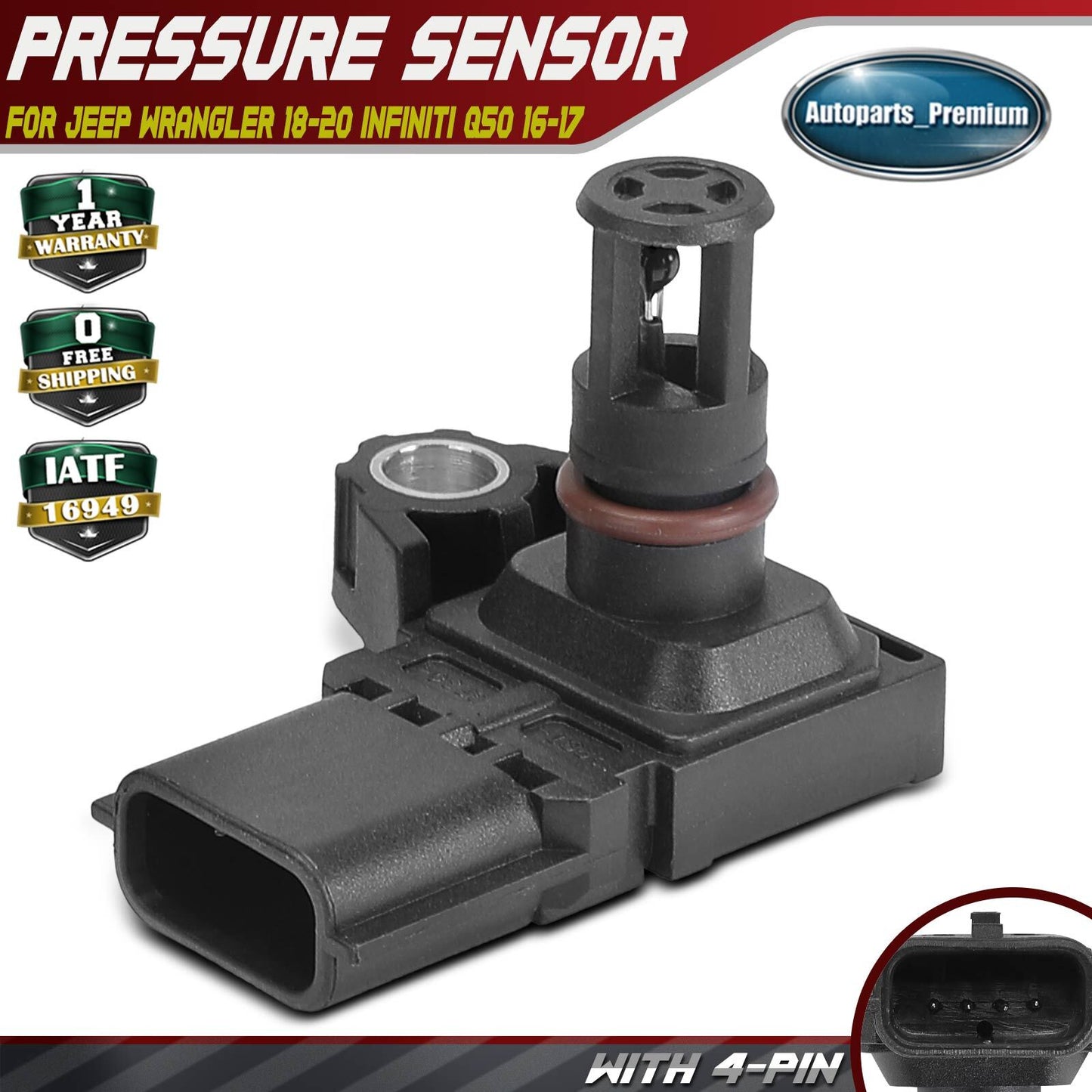 Pressure Sensor with 4 Pin for Jeep JL Wrangler 2018-2020 Infiniti Q50 2016-2017