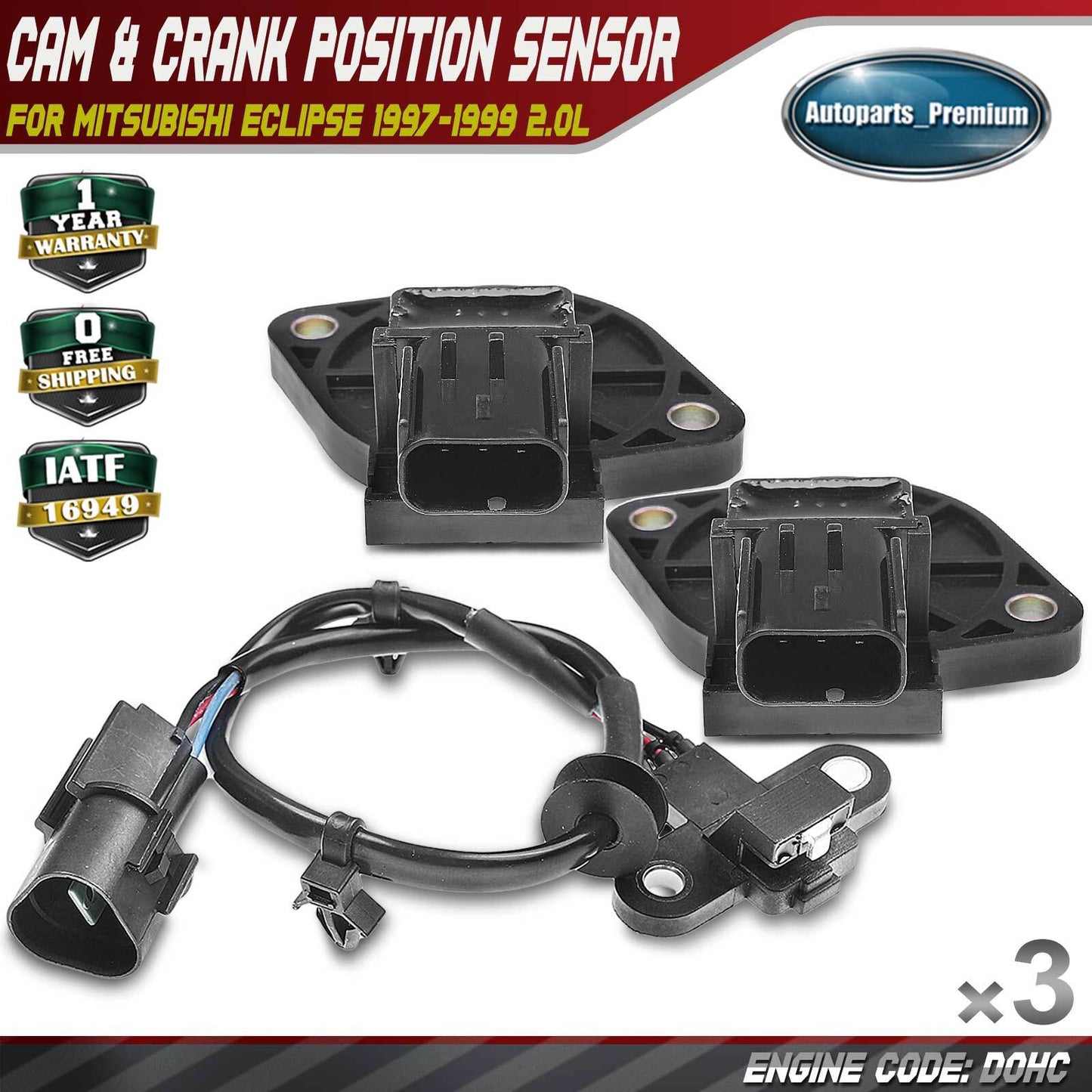 2x Camshaft & 1x Crankshaft Position Sensor for Mitsubishi Eclipse 97-99 2.0L