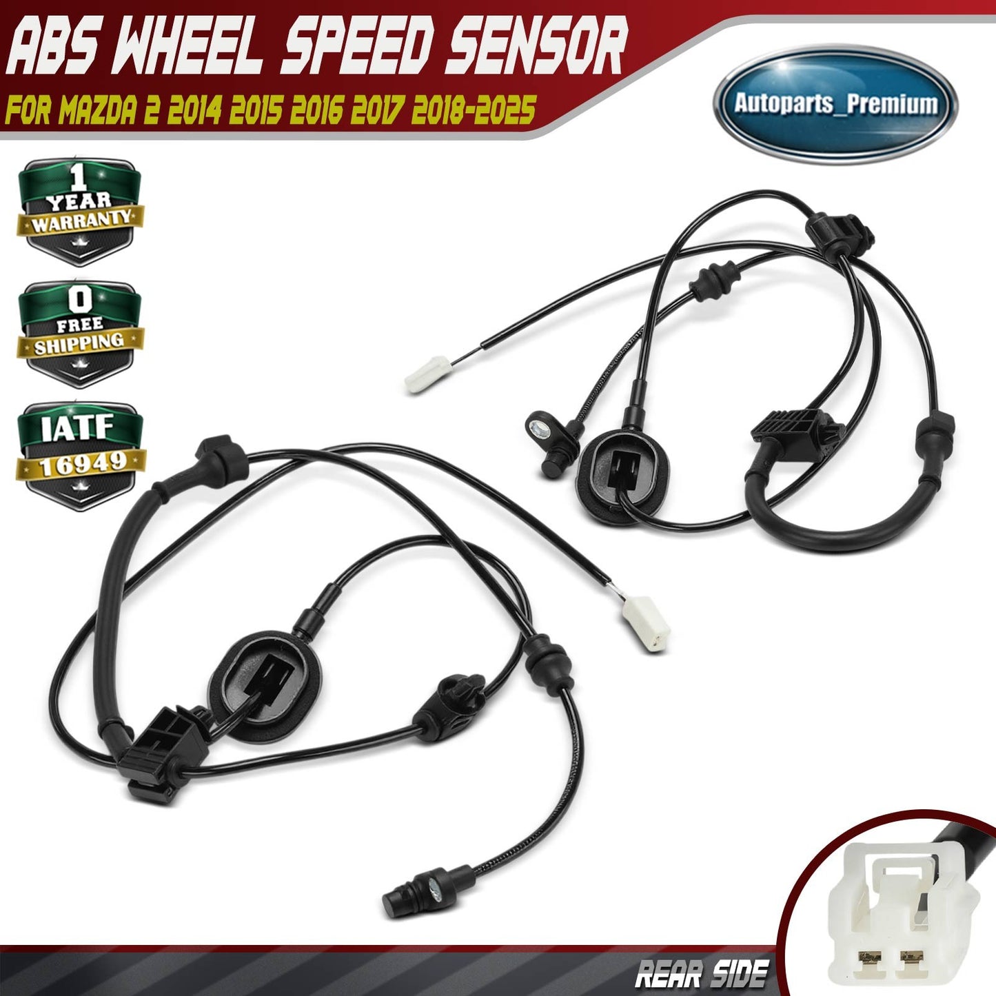 Pair Rear ABS Wheel Speed Sensors with Wiring Harness for Mazda 2 2014 2015-2025
