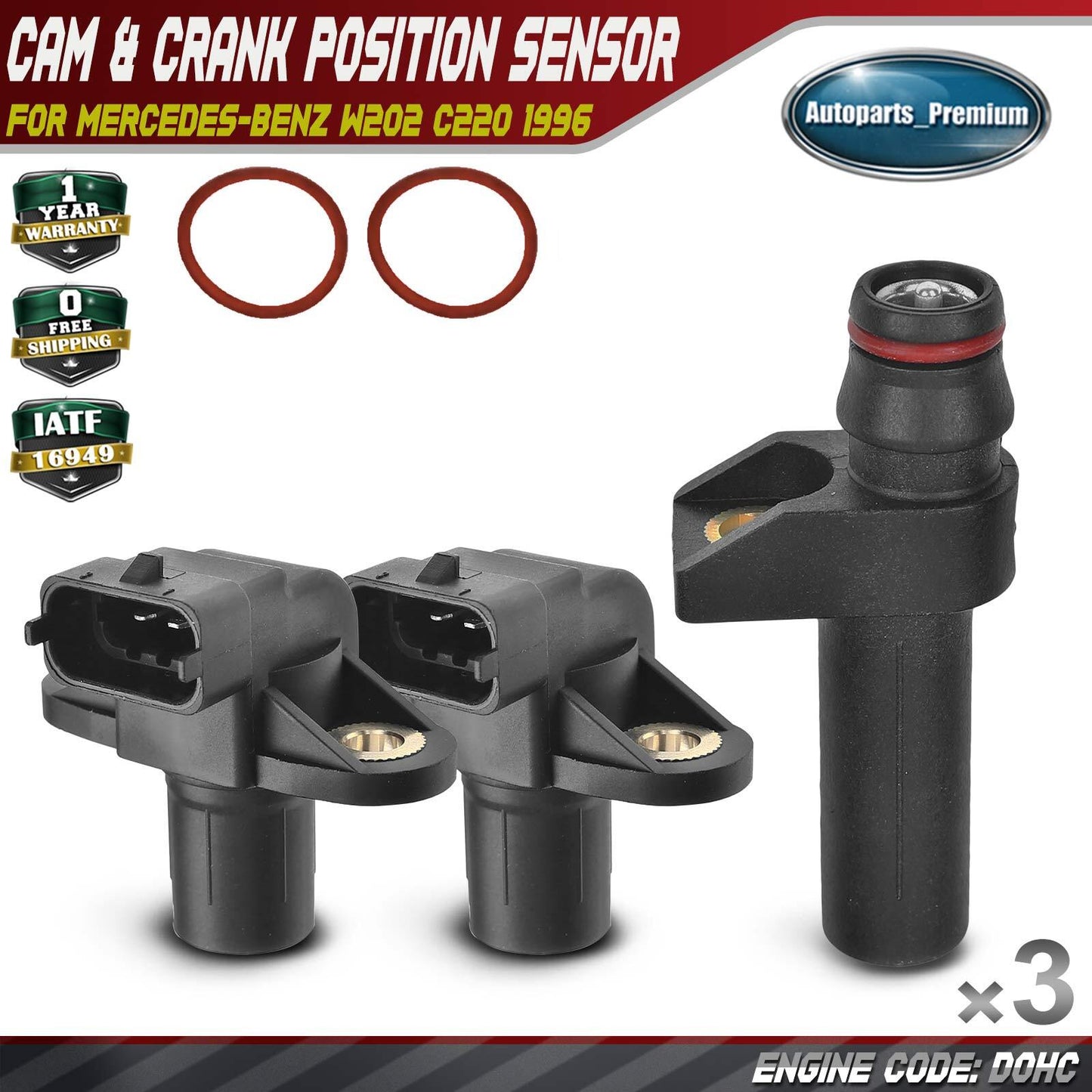 New 2x Camshaft & 1x Crankshaft Position Sensor for Mercedes-Benz W202 C220 1996