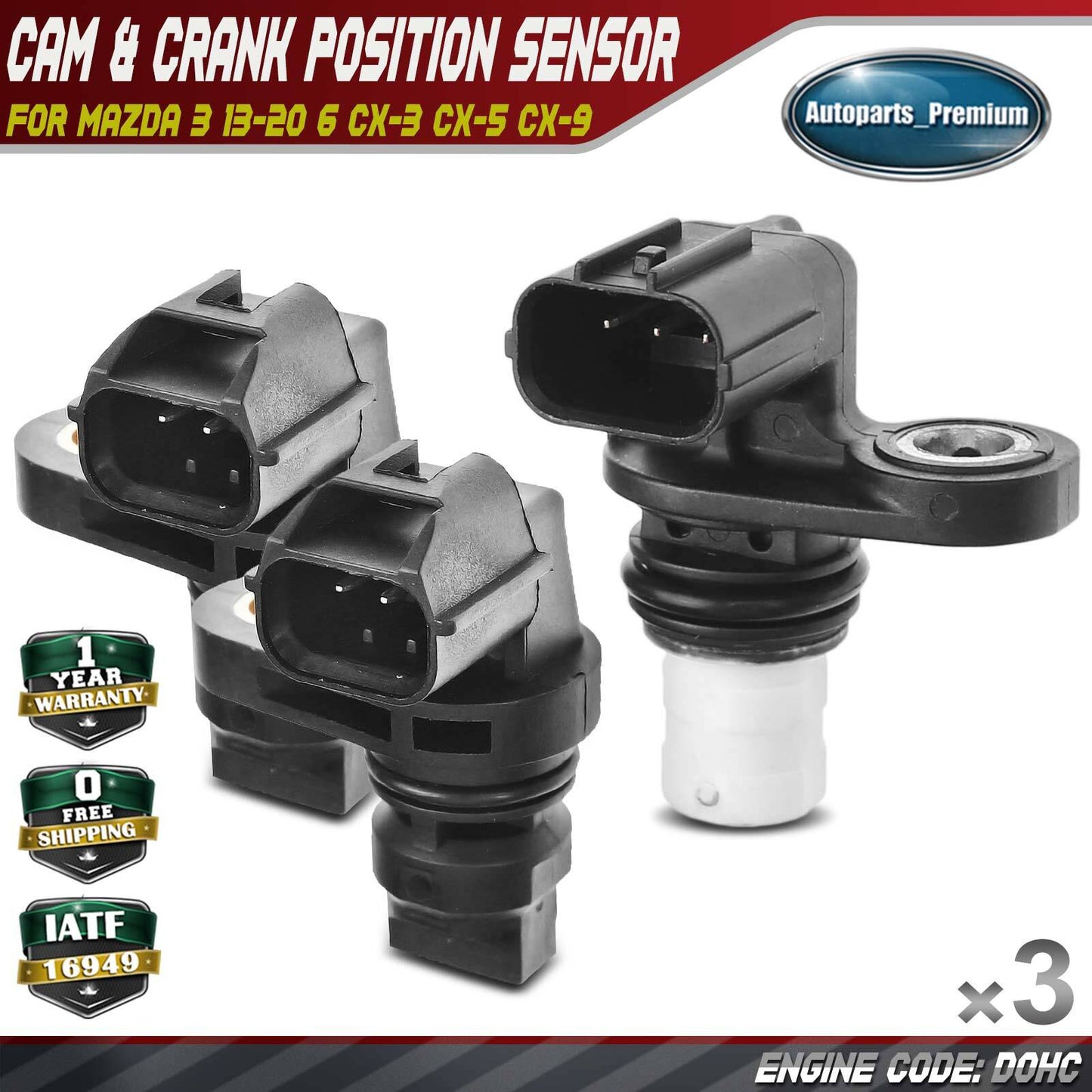 2x Camshaft & 1x Crankshaft Position Sensor for Mazda 3 13-20 6 CX-3 CX-5 CX-9
