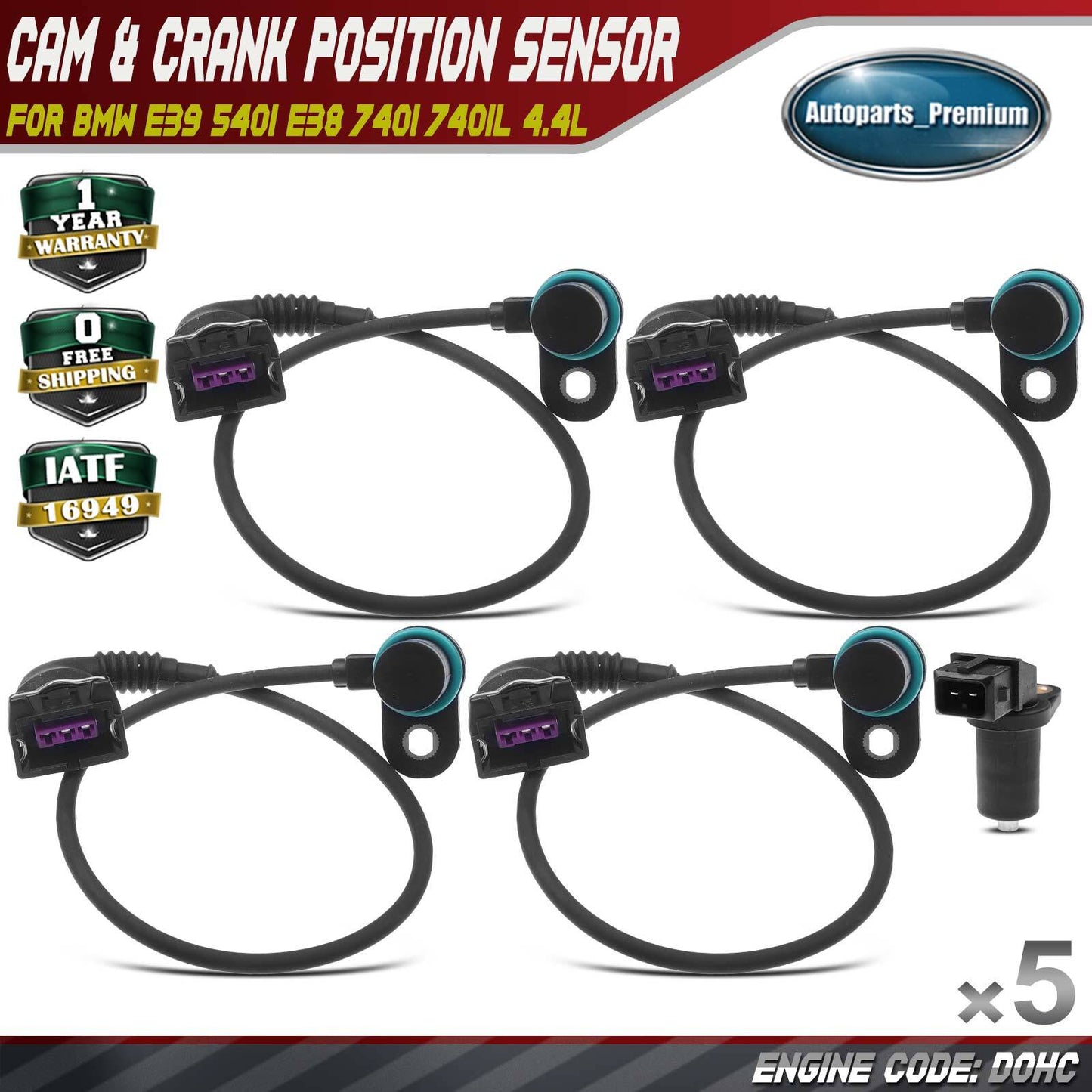 4x Camshaft & 1x Crankshaft Position Sensor for BMW E39 540i E38 740i 740iL 4.4L